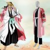 Anime BLEACH Kyoraku Shunsui Cosplay Costume 8th Captain Pink Cape Black Top Pants Belt Suit Halloween - Bleach Merchandise Store