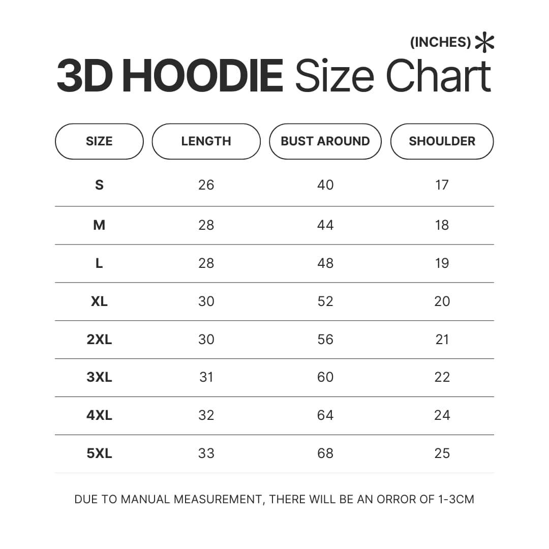 3D Hoodie Size Chart - Bleach Merchandise Store