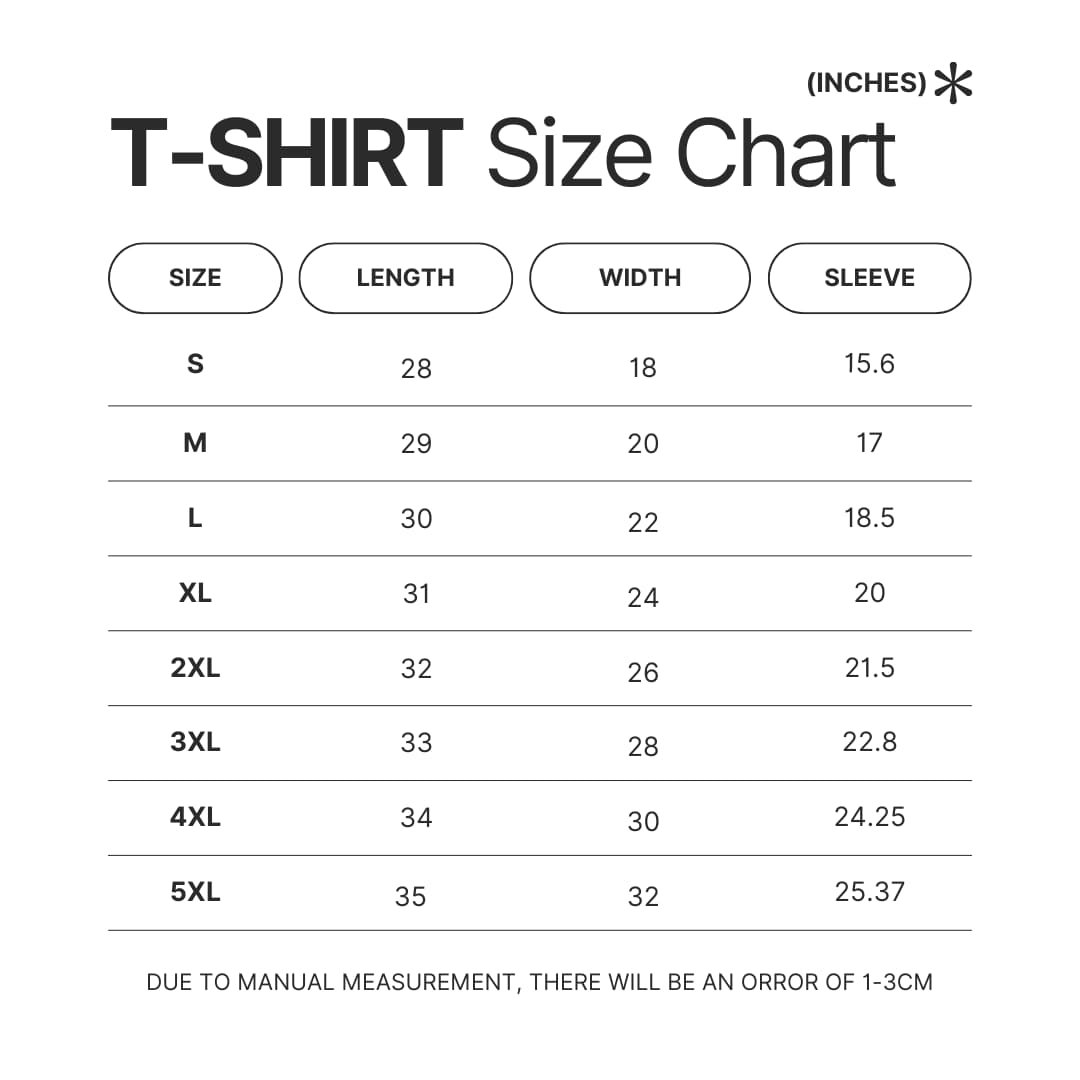 3D T shirt Size Chart - Bleach Merchandise