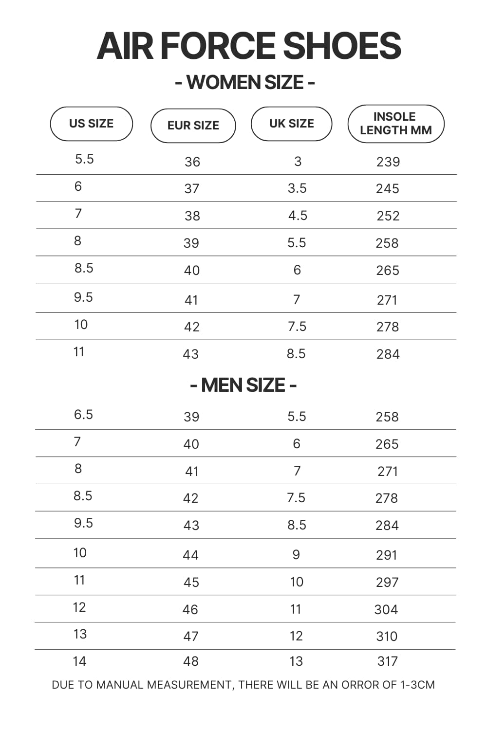 Air Force Shoes Size Chart - Bleach Merchandise Store