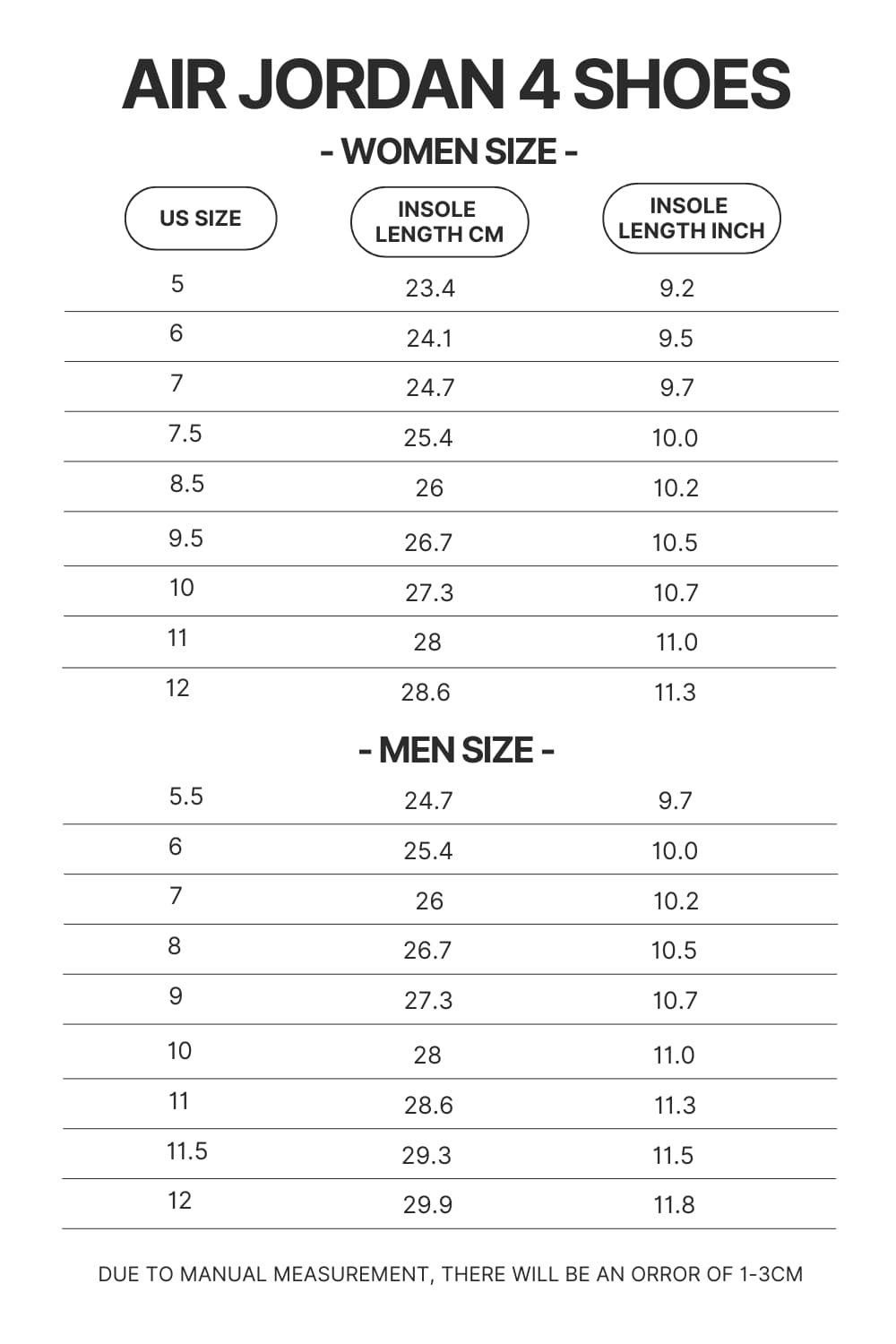 Air Jordan 4 Shoes Size Chart - Bleach Merchandise Store