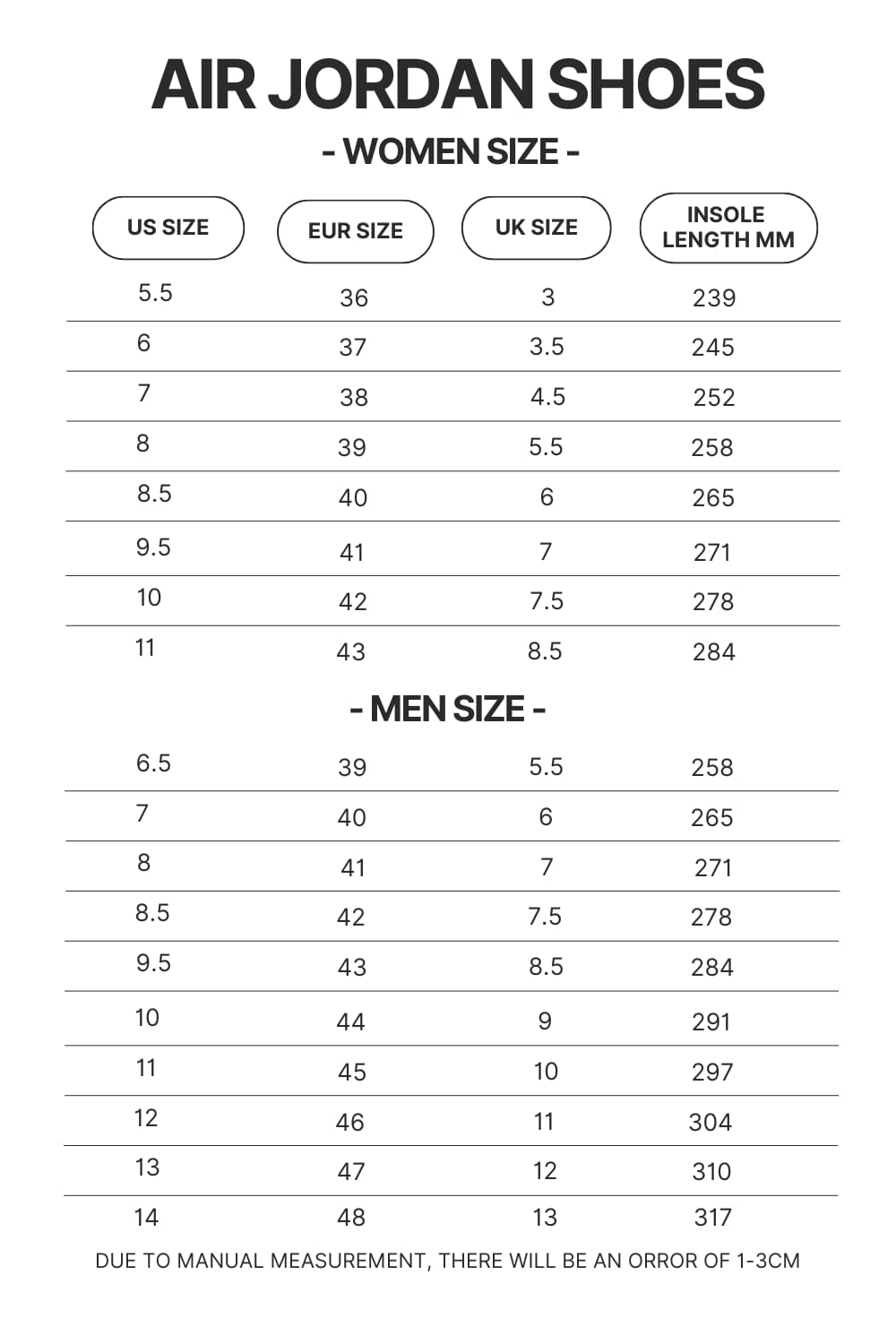 Air Jordan Shoes Size Chart - Bleach Merchandise Store