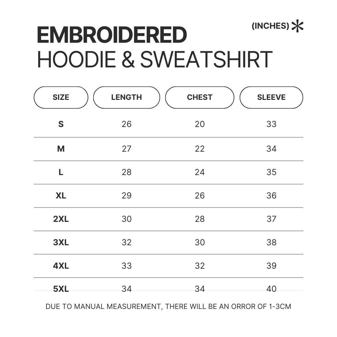 Embroidered Hoodie Sweatshirt Size Chart - Bleach Merchandise Store