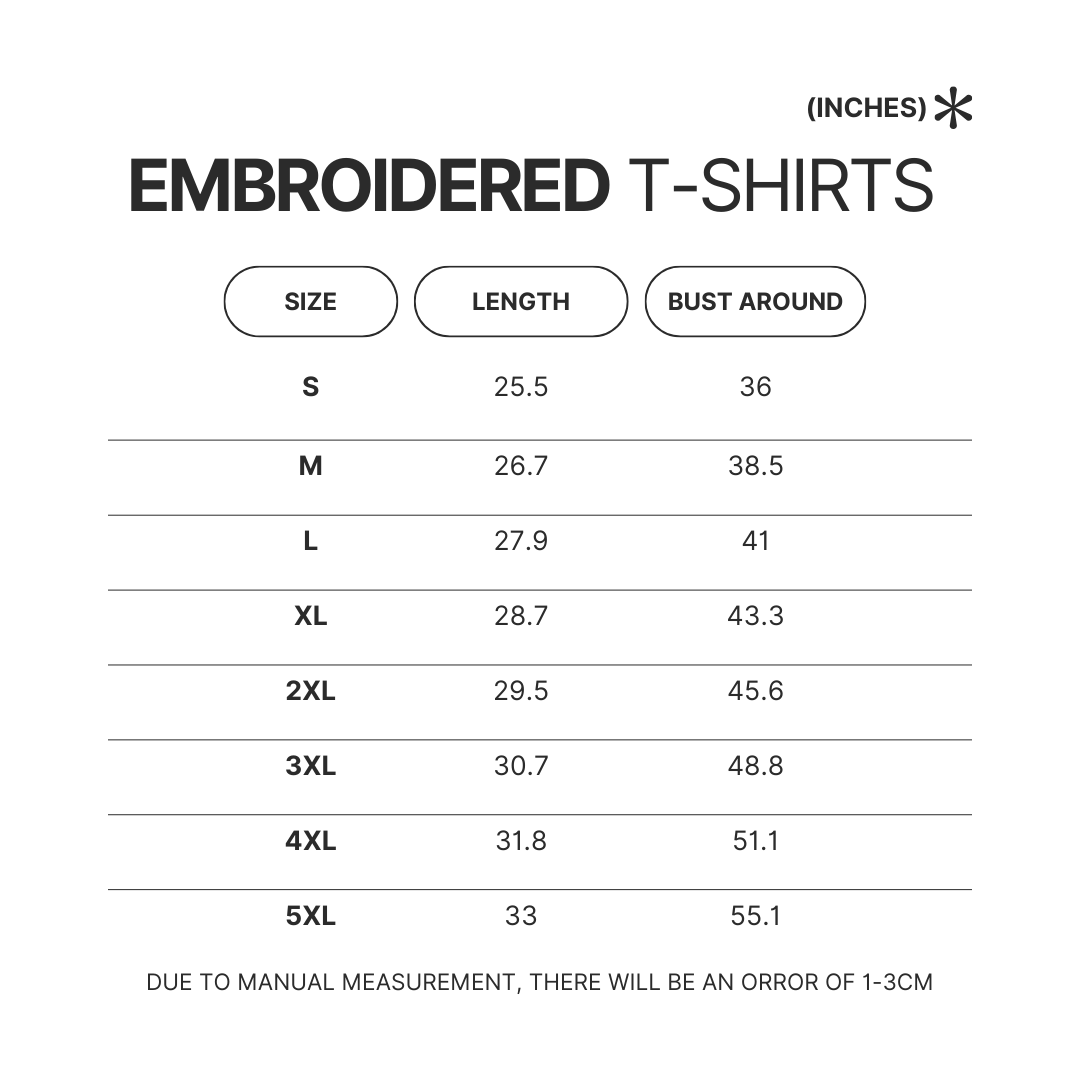 Embroidered T shirt Size Chart - Bleach Merchandise Store