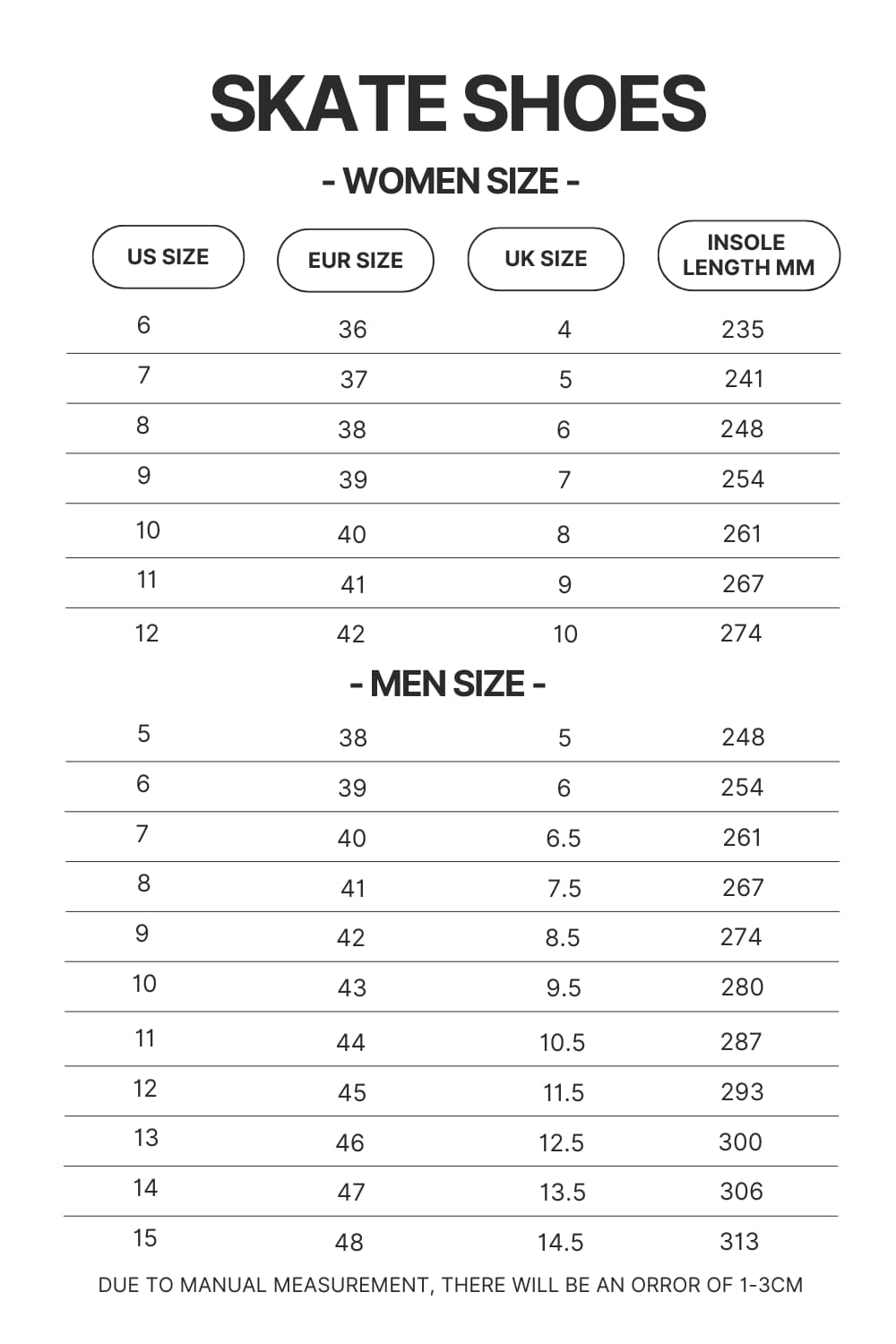 Skate Shoes Size Chart - Bleach Merchandise Store